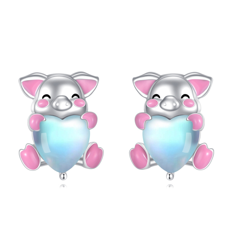 Sterling Silver Moonstone Pig Stud Earrings-8