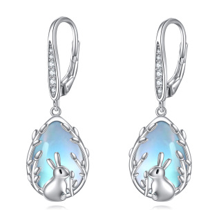 Sterling Silver Cubic Zirconia & Moonstone Rabbit Lever-back Earrings-16