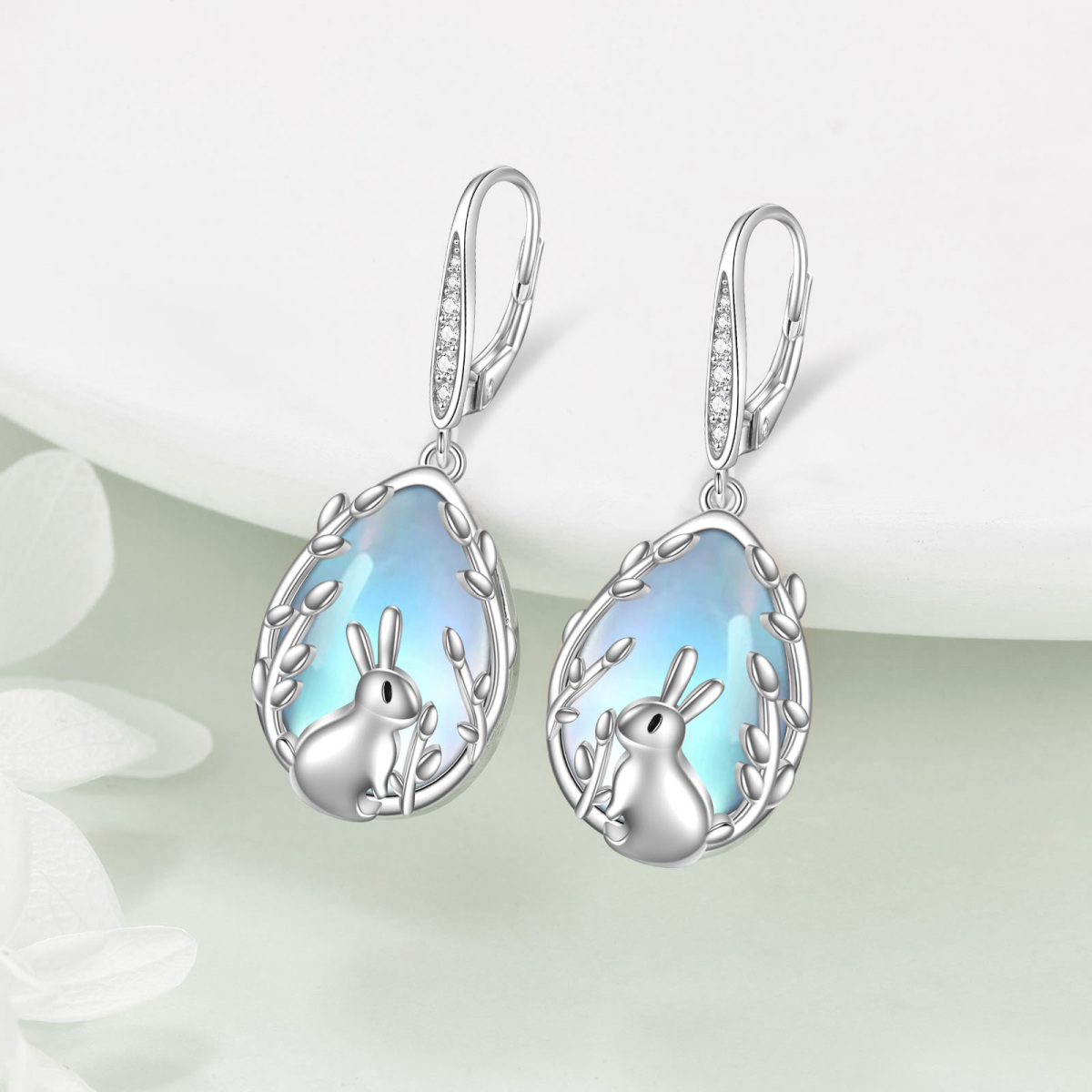 Sterling Silver Cubic Zirconia & Moonstone Rabbit Lever-back Earrings-3