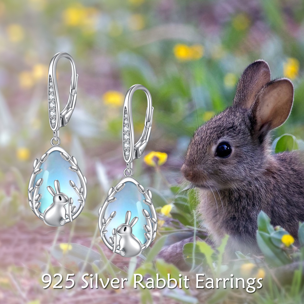 Sterling Silver Cubic Zirconia & Moonstone Rabbit Lever-back Earrings-6