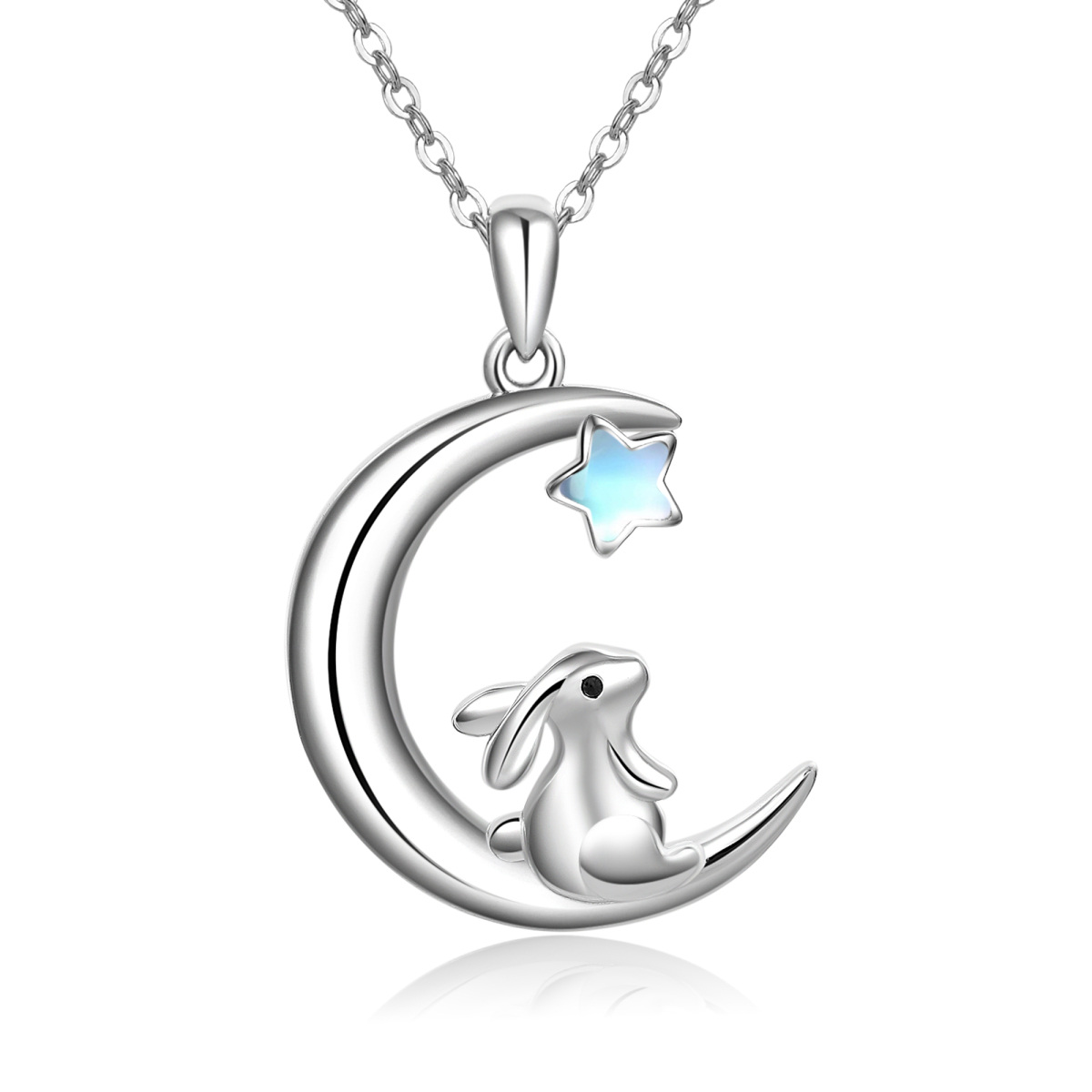 Sterling Silver Moonstone Rabbit & Moon Pendant Necklace-1