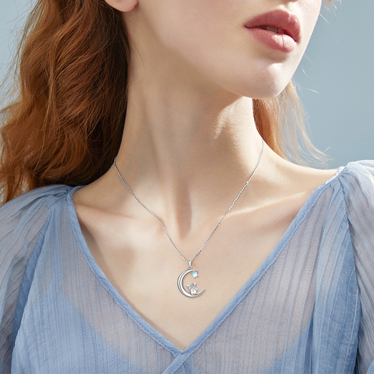 Sterling Silver Moonstone Rabbit & Moon Pendant Necklace-2