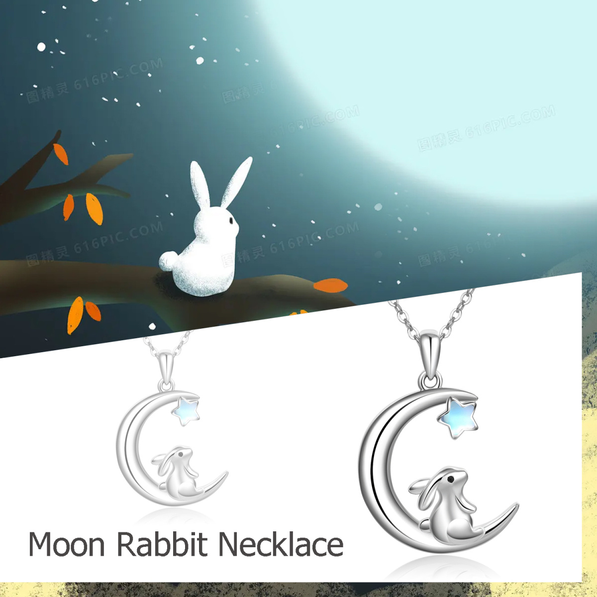 Sterling Silver Moonstone Rabbit & Moon Pendant Necklace-3