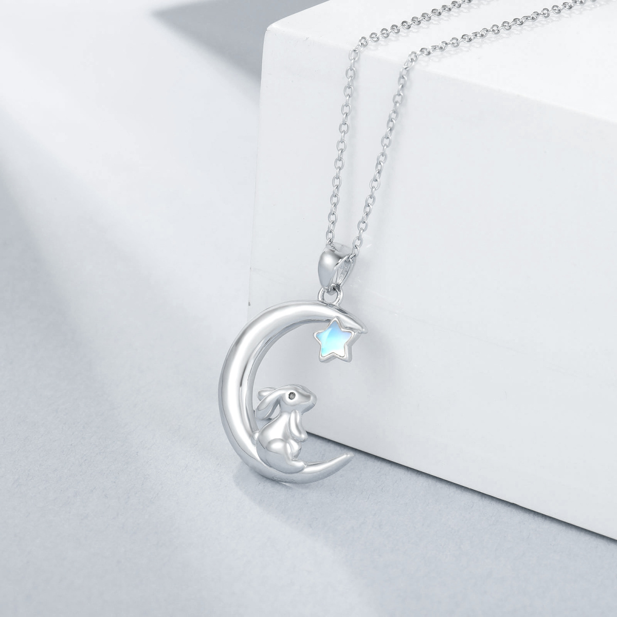 Sterling Silver Moonstone Rabbit & Moon Pendant Necklace-4