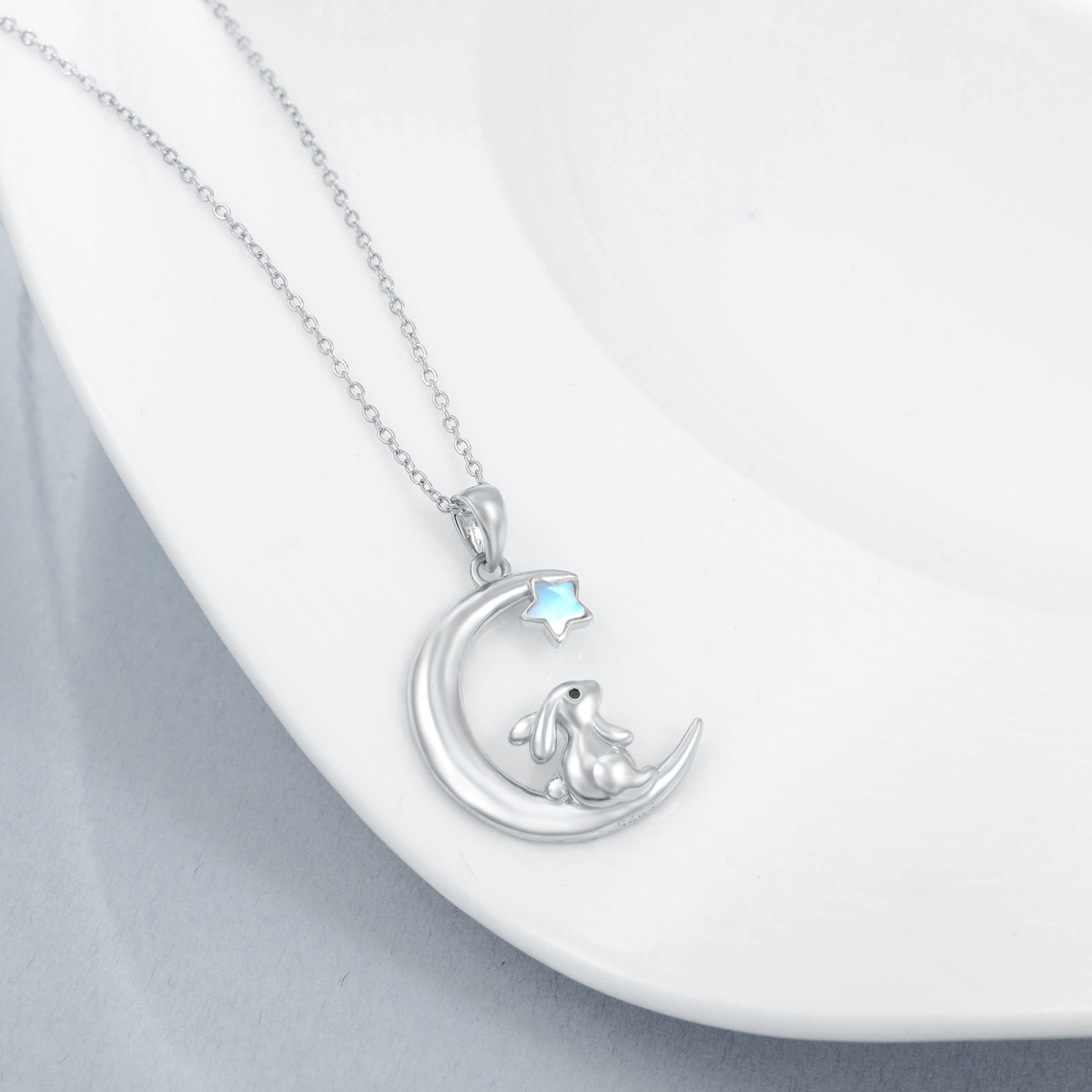 Sterling Silver Moonstone Rabbit & Moon Pendant Necklace-5