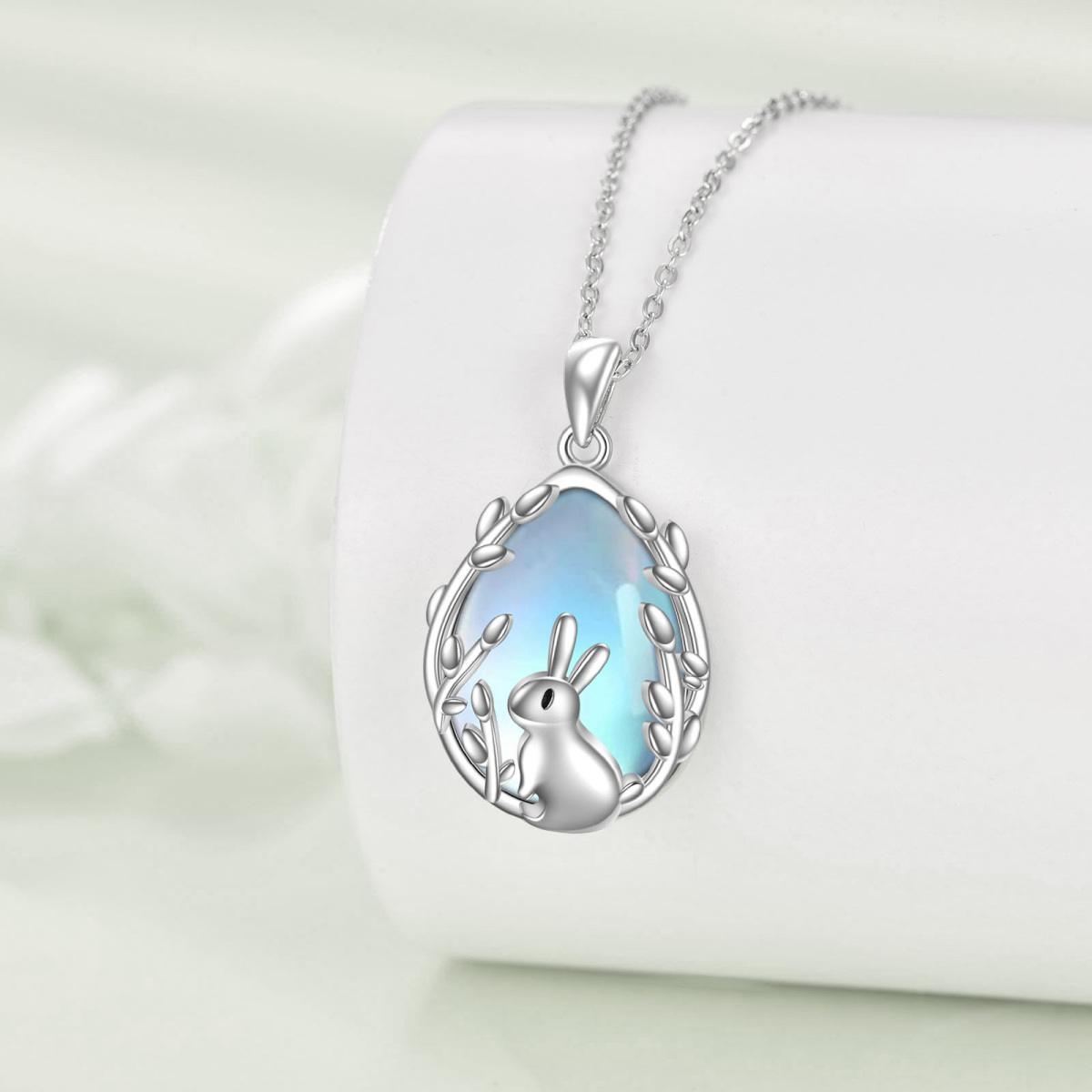 Sterling Silver Moonstone Rabbit Pendant Necklace-3