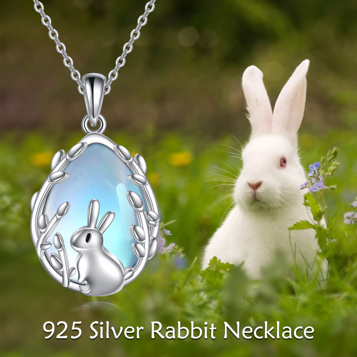 Sterling Silver Moonstone Rabbit Pendant Necklace-6