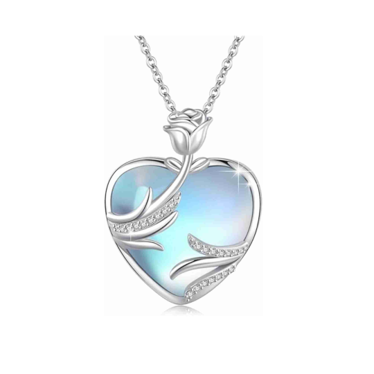 Sterling Silver Heart Moonstone With Cubic Zirconia Rose Angel Wing Pendant Necklace For Women Best Friends