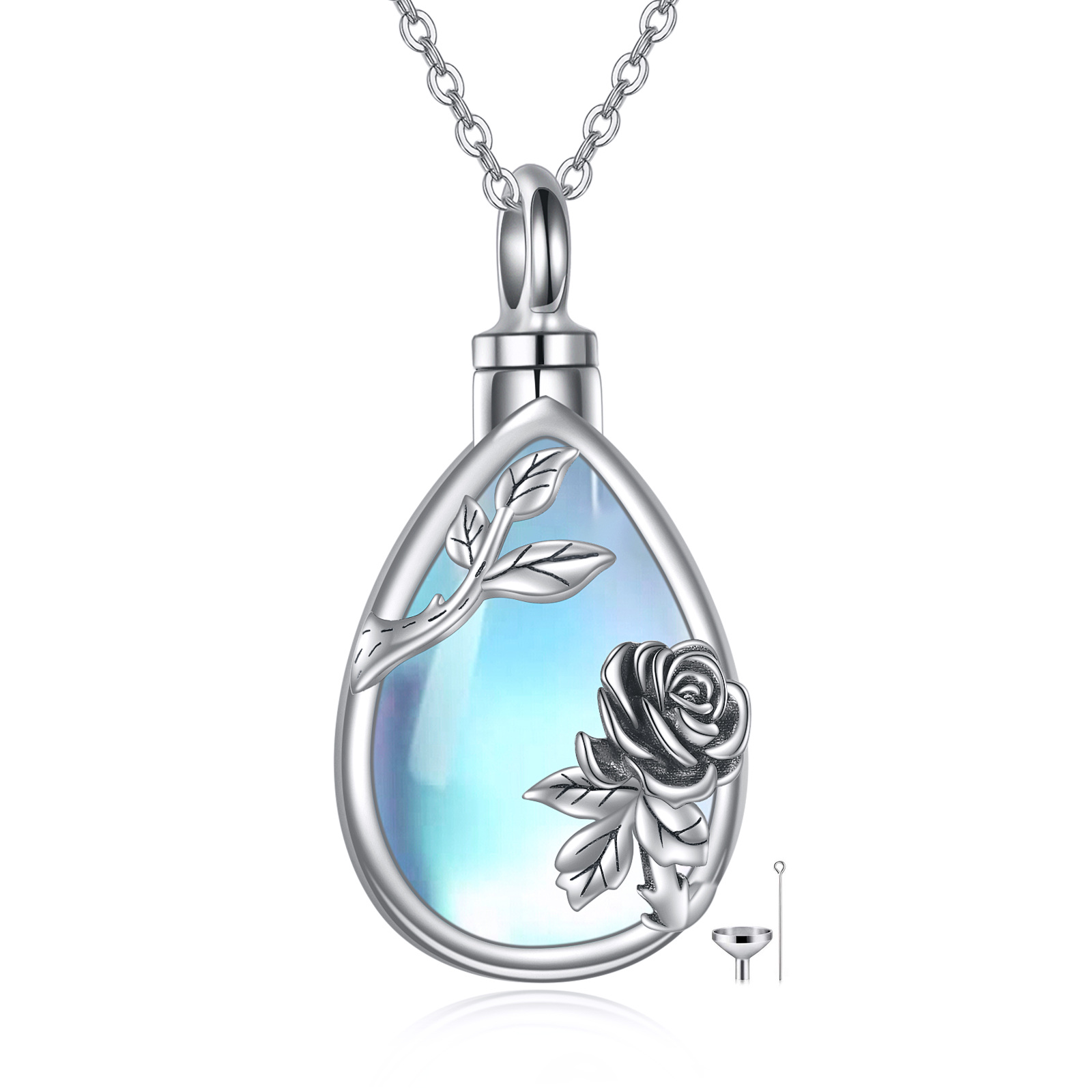 Image of Sterling Silver Moonstone Rose & Drop Shape Urn Necklace for Ashes with Engraved Word