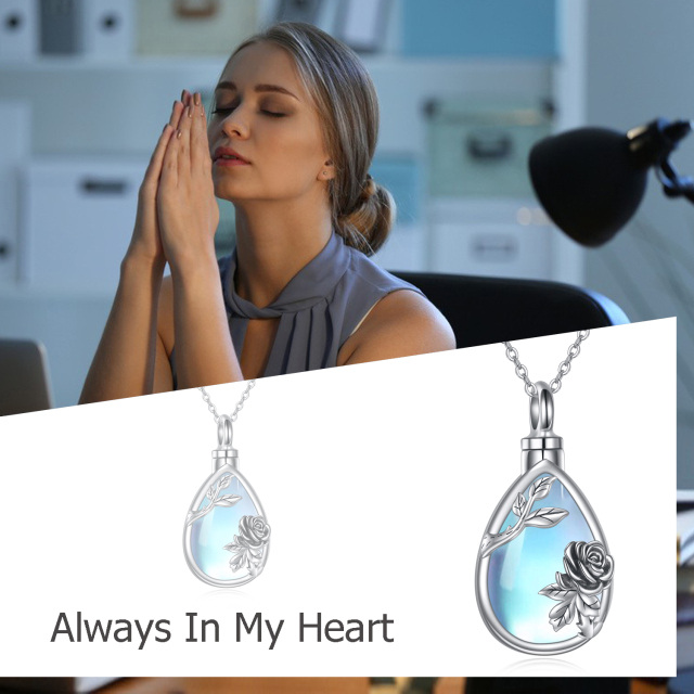 Sterling Silver Moonstone Rose & Drop Shape Urn Necklace for Ashes with Engraved Word-6