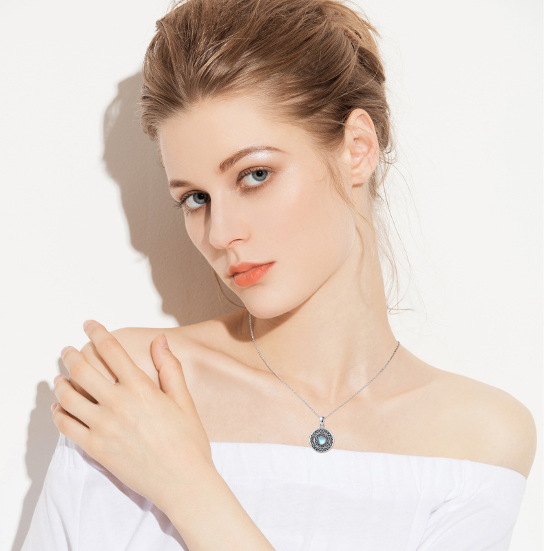 Sterling Silver Moonstone Round Circle Pendant Necklace-2