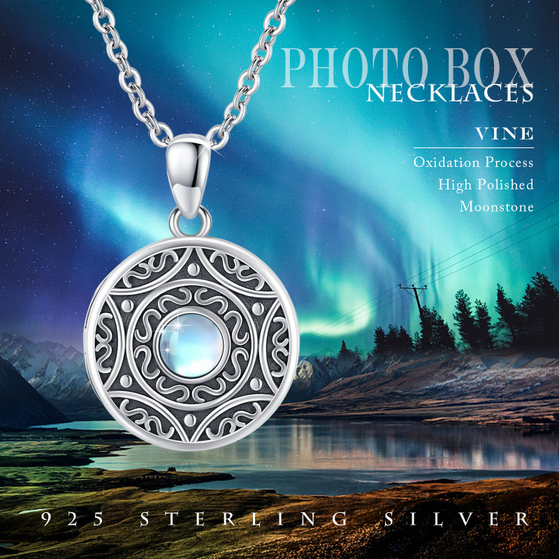 Sterling Silver Moonstone Round Circle Pendant Necklace-3