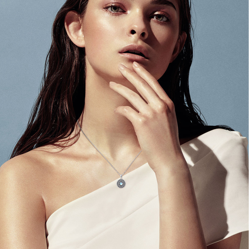 Sterling Silver Moonstone Round Circle Pendant Necklace-5