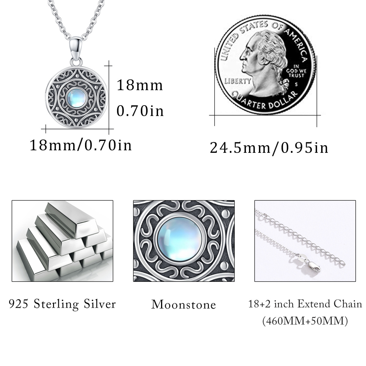 Sterling Silber Mondstein Runde Kreis Anhänger Halskette-6