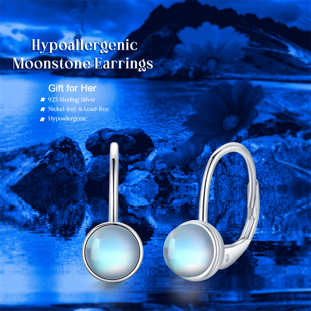 Pendientes redondos de plata de ley con piedra de luna-7