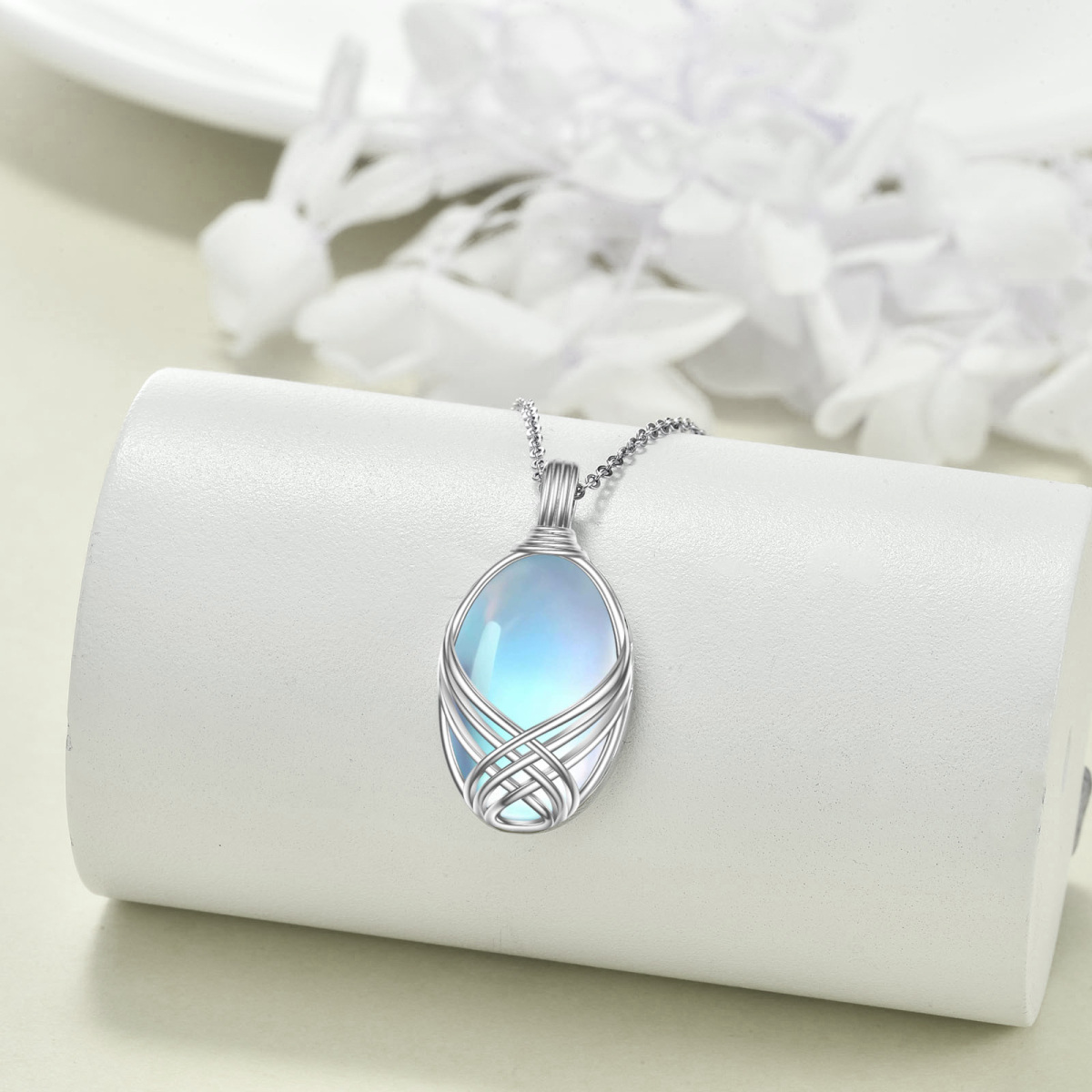 Sterling Silver Moonstone Round Pendant Necklace-3