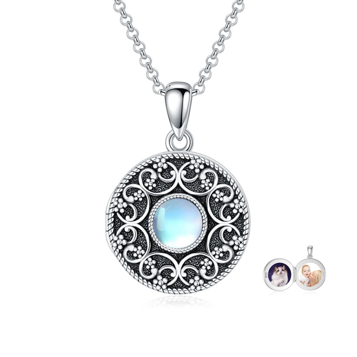 Sterling Silver Moonstone Round Personalized Photo Locket Necklace-1