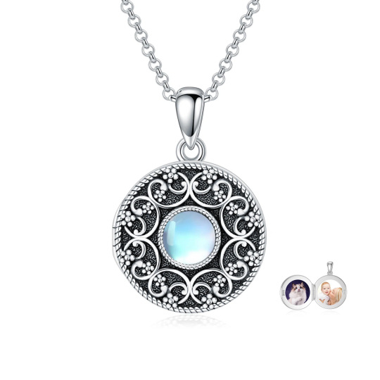 Sterling Silver Moonstone Round Personalized Photo Locket Necklace