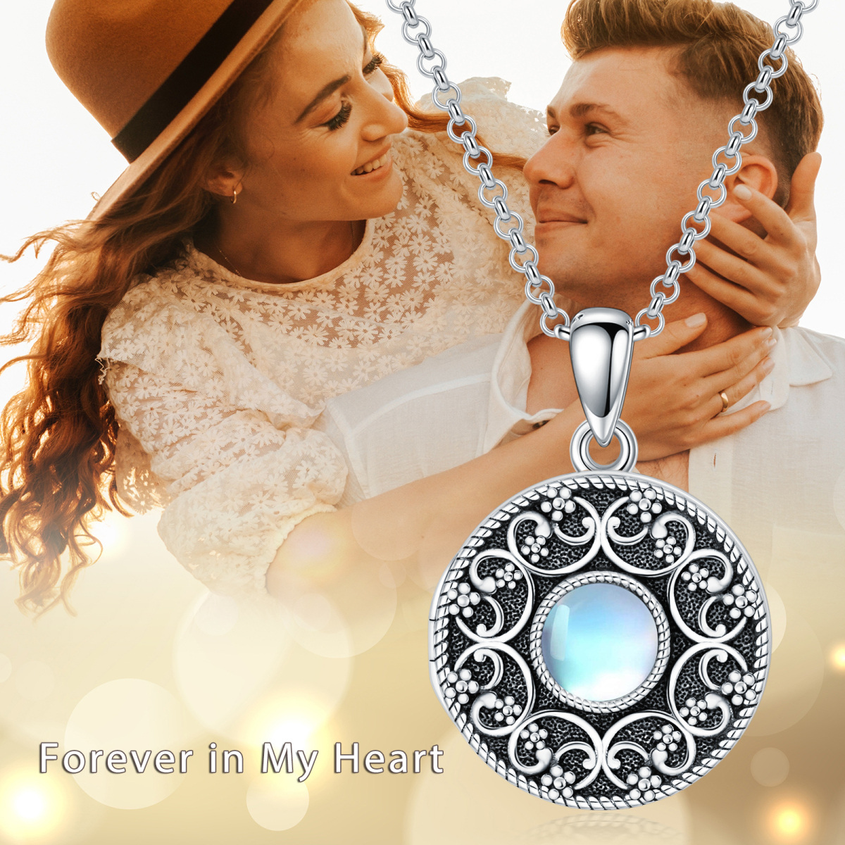 Sterling Silver Moonstone Round Personalized Photo Locket Necklace-3