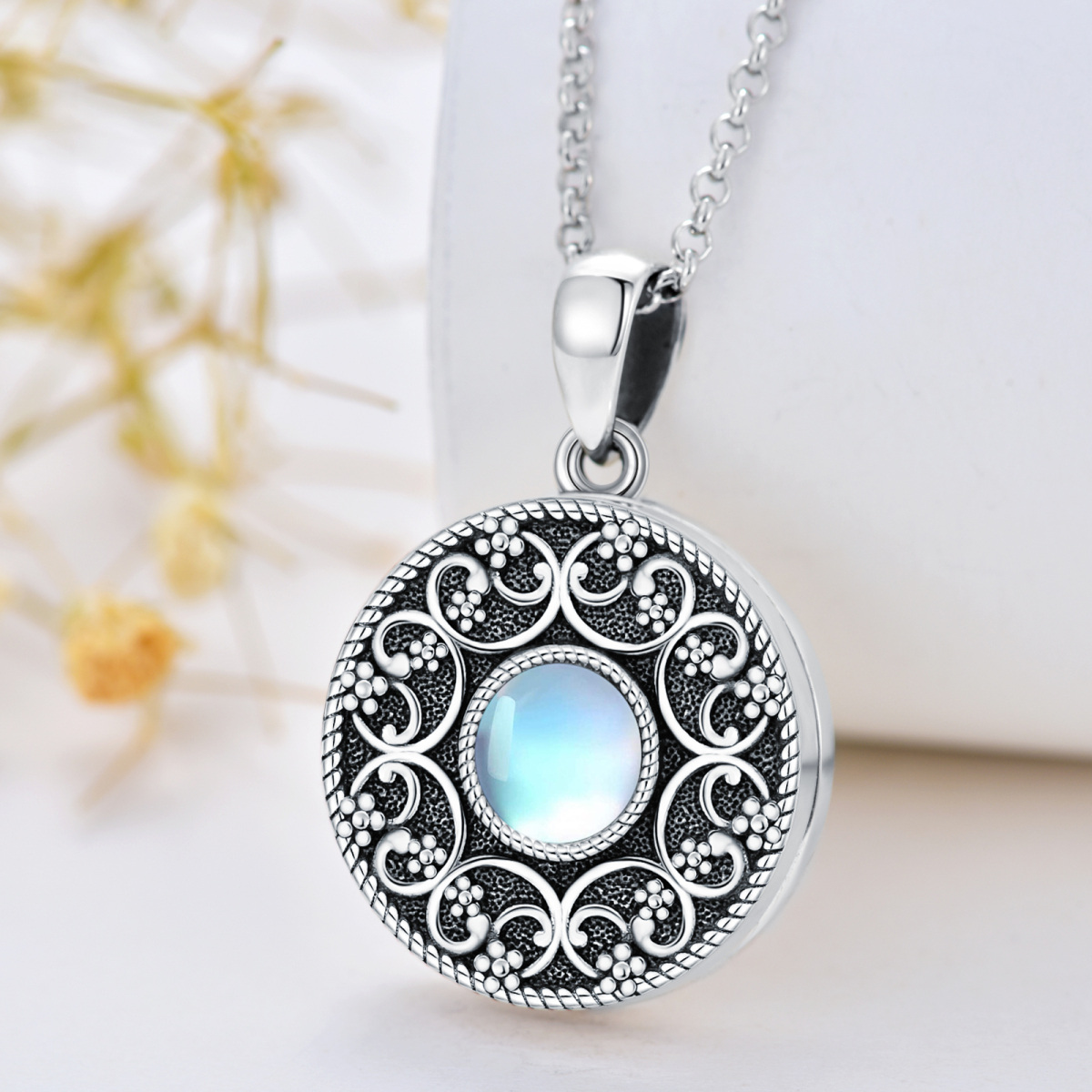 Sterling Silver Moonstone Round Personalized Photo Locket Necklace-4