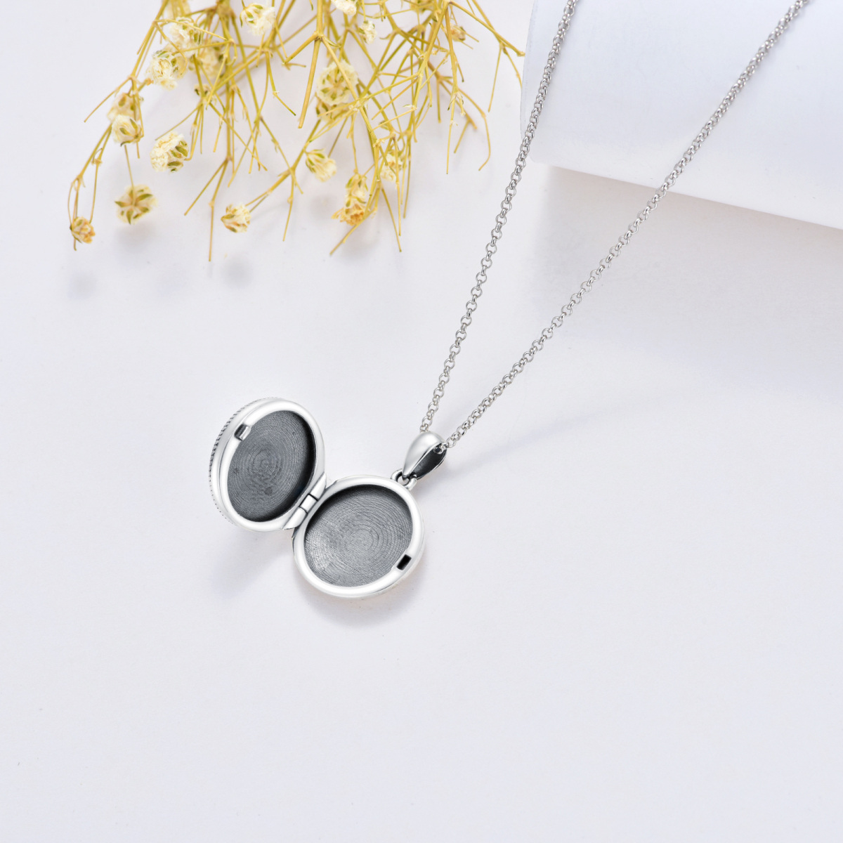 Sterling Silver Moonstone Round Personalized Photo Locket Necklace-7