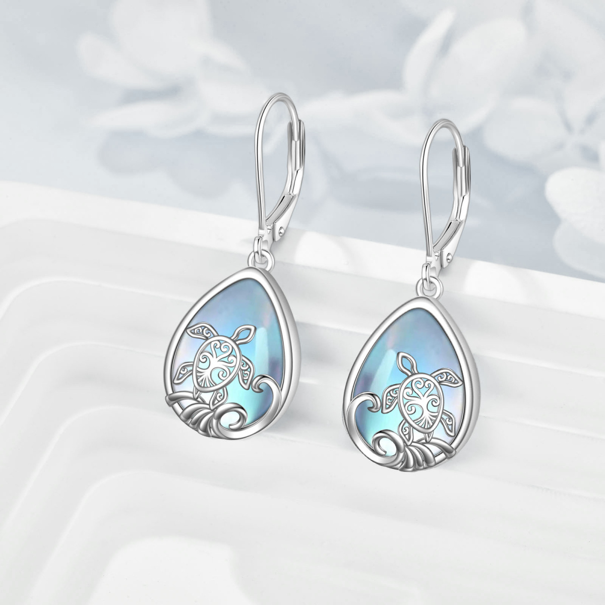 Sterling Silver Moonstone Sea Turtle Drop Earrings-3