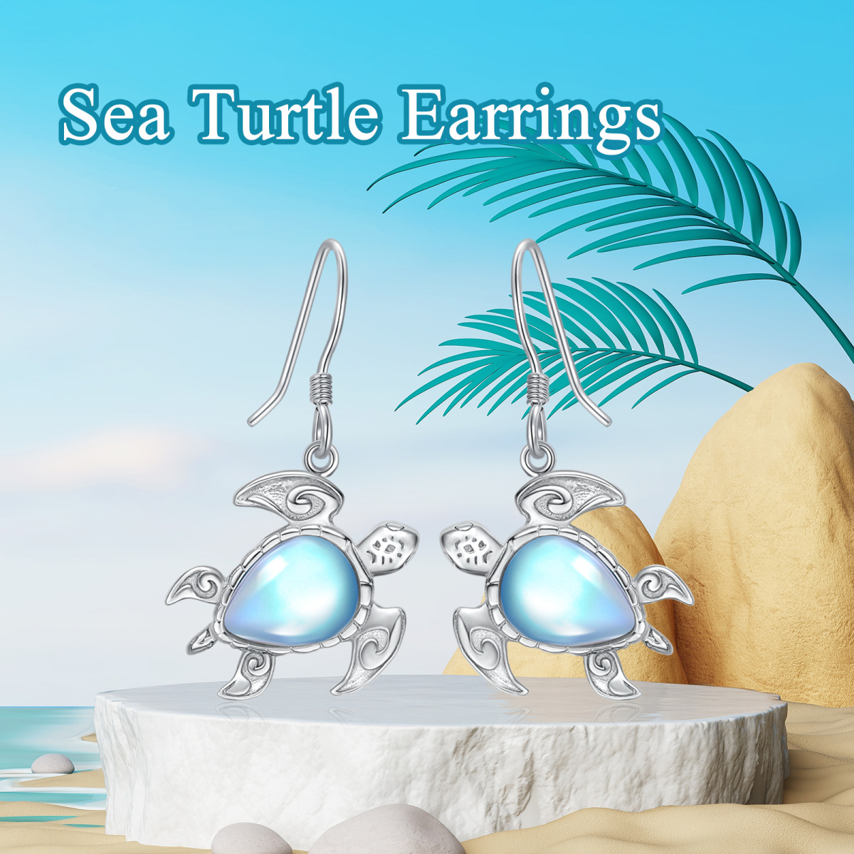 Sterling Silver Moonstone Sea Turtle Drop Earrings-4