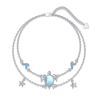 Sterling Silver Moonstone Sea Turtle Starfish With Spray Layerered Bracelet For Women-14