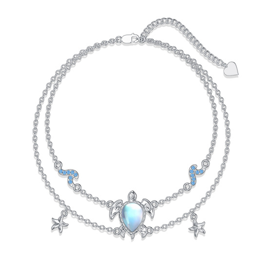 Sterling Silver Moonstone Sea Turtle Starfish With Spray Layerered Bracelet For Women