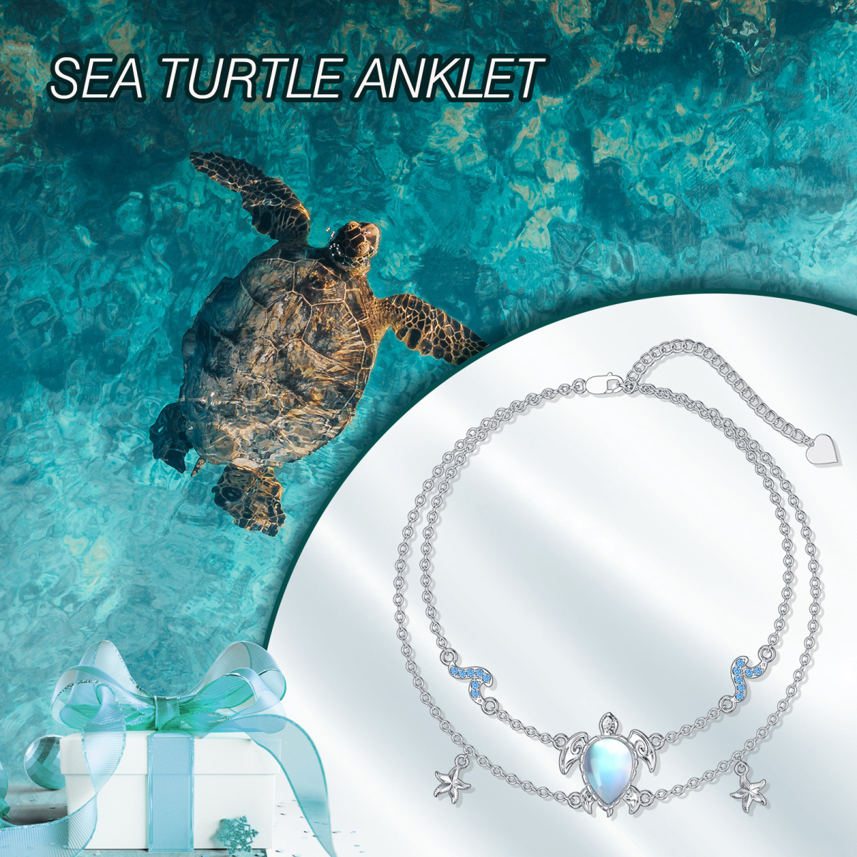 Sterling Silver Moonstone Sea Turtle Starfish With Spray Layerered Bracelet For Women-3