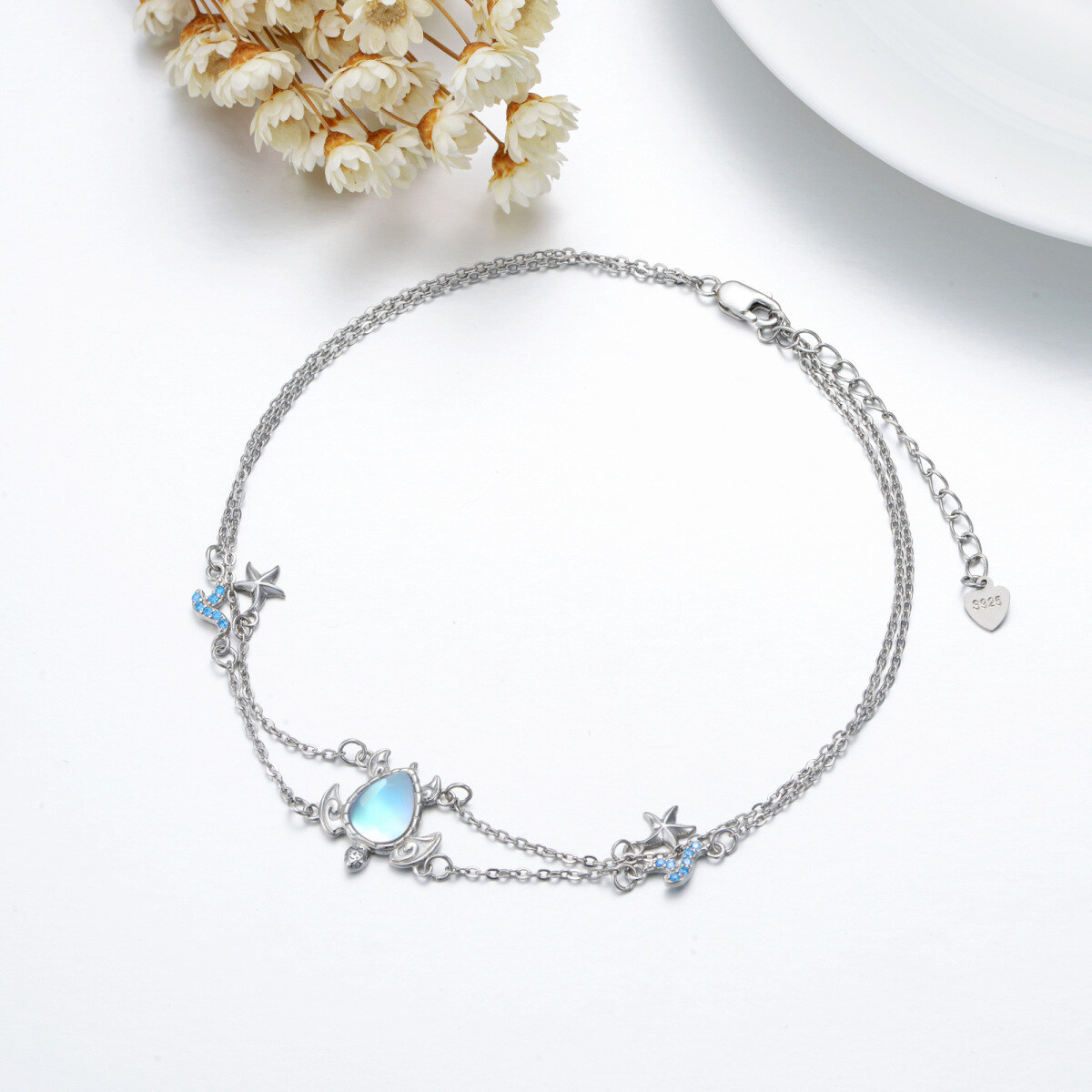 Sterling Silver Moonstone Sea Turtle Starfish With Spray Layerered Bracelet For Women-5