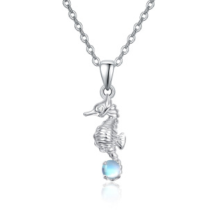 Sterling Silver Moonstone Seahorse Cable Chain Necklace-3