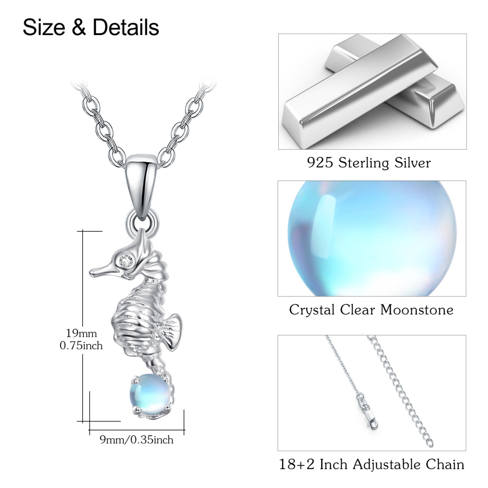 Sterling Silver Moonstone Seahorse Cable Chain Necklace-4