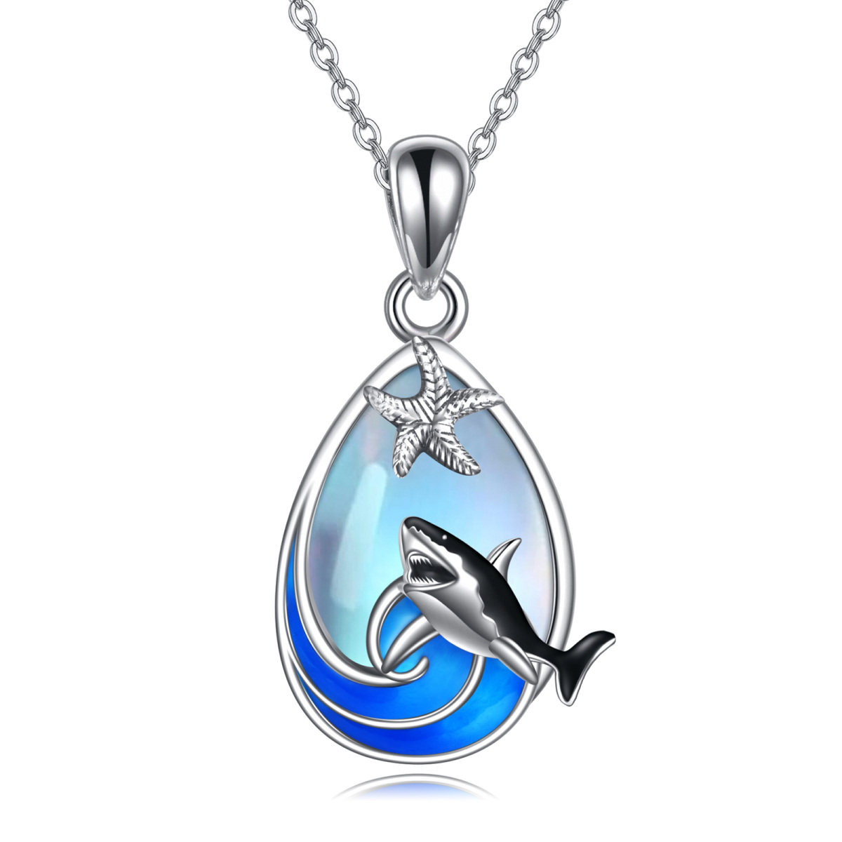 Collier en argent sterling avec pendentif requin et étoile de mer en pierre de lune-1