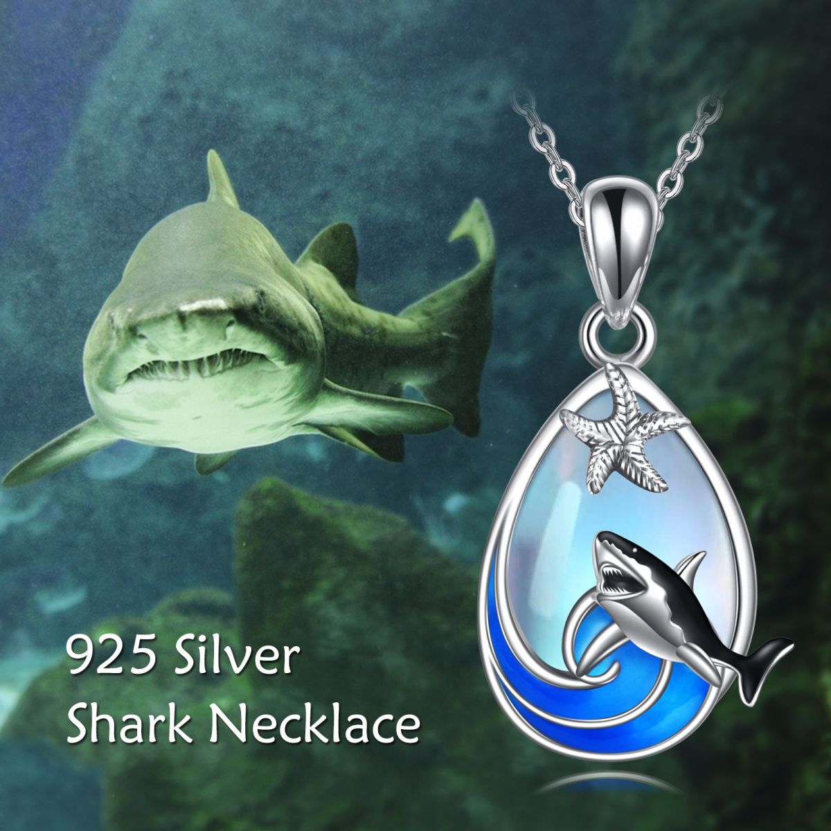 Sterling Silver Moonstone Shark & Starfish Pendant Necklace-3