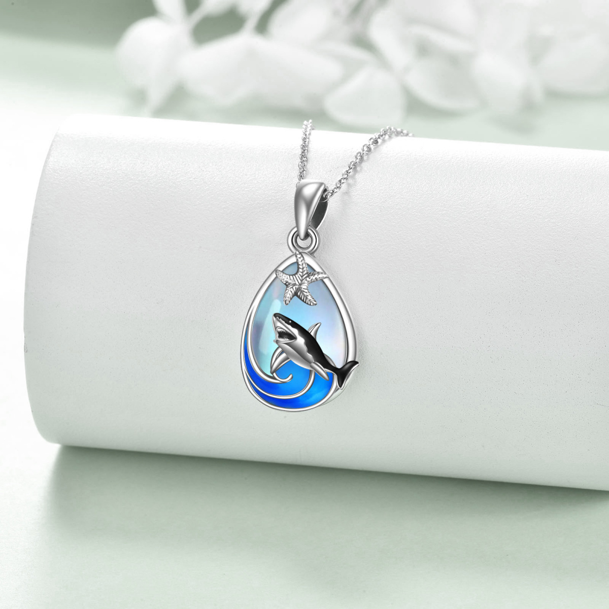 Sterling Silver Moonstone Shark & Starfish Pendant Necklace-4