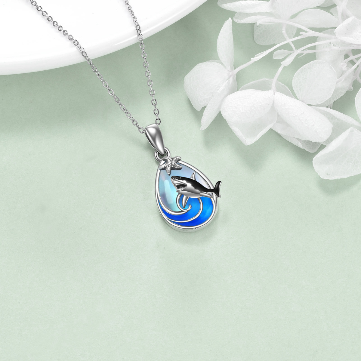 Collier en argent sterling avec pendentif requin et étoile de mer en pierre de lune-5