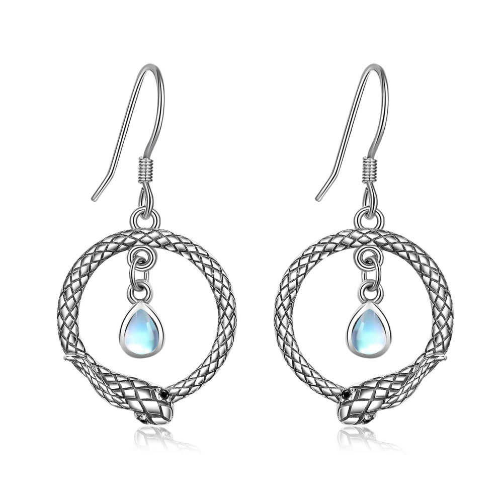 Sterling Silver Moonstone Snake Drop Earrings-1