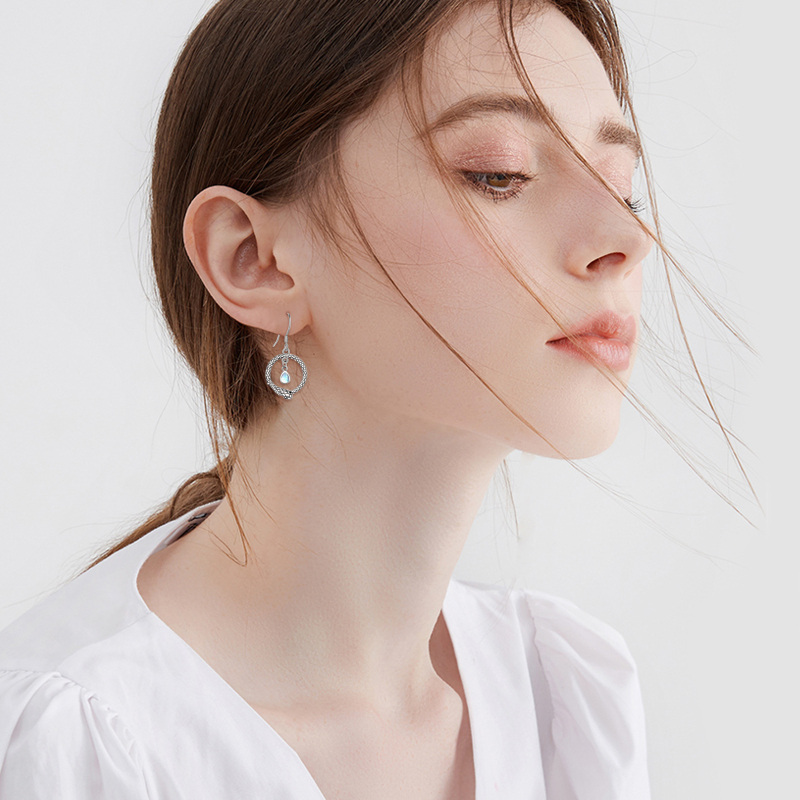 Sterling Silver Moonstone Snake Drop Earrings-2