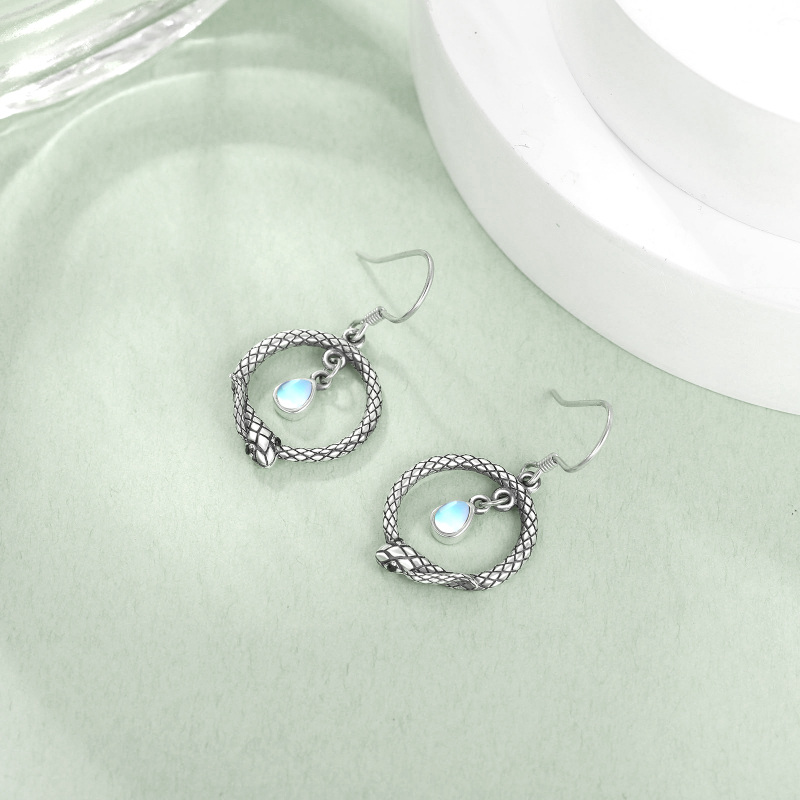 Sterling Silver Moonstone Snake Drop Earrings-3