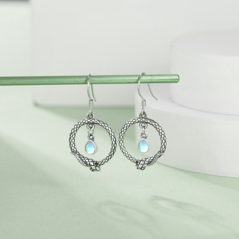 Sterling Silver Moonstone Snake Drop Earrings-4
