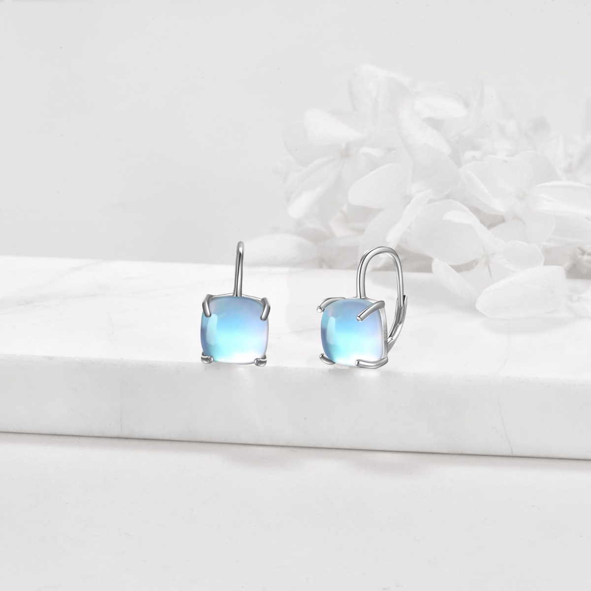 Sterling Silver Moonstone Square Lever-back Earrings-4