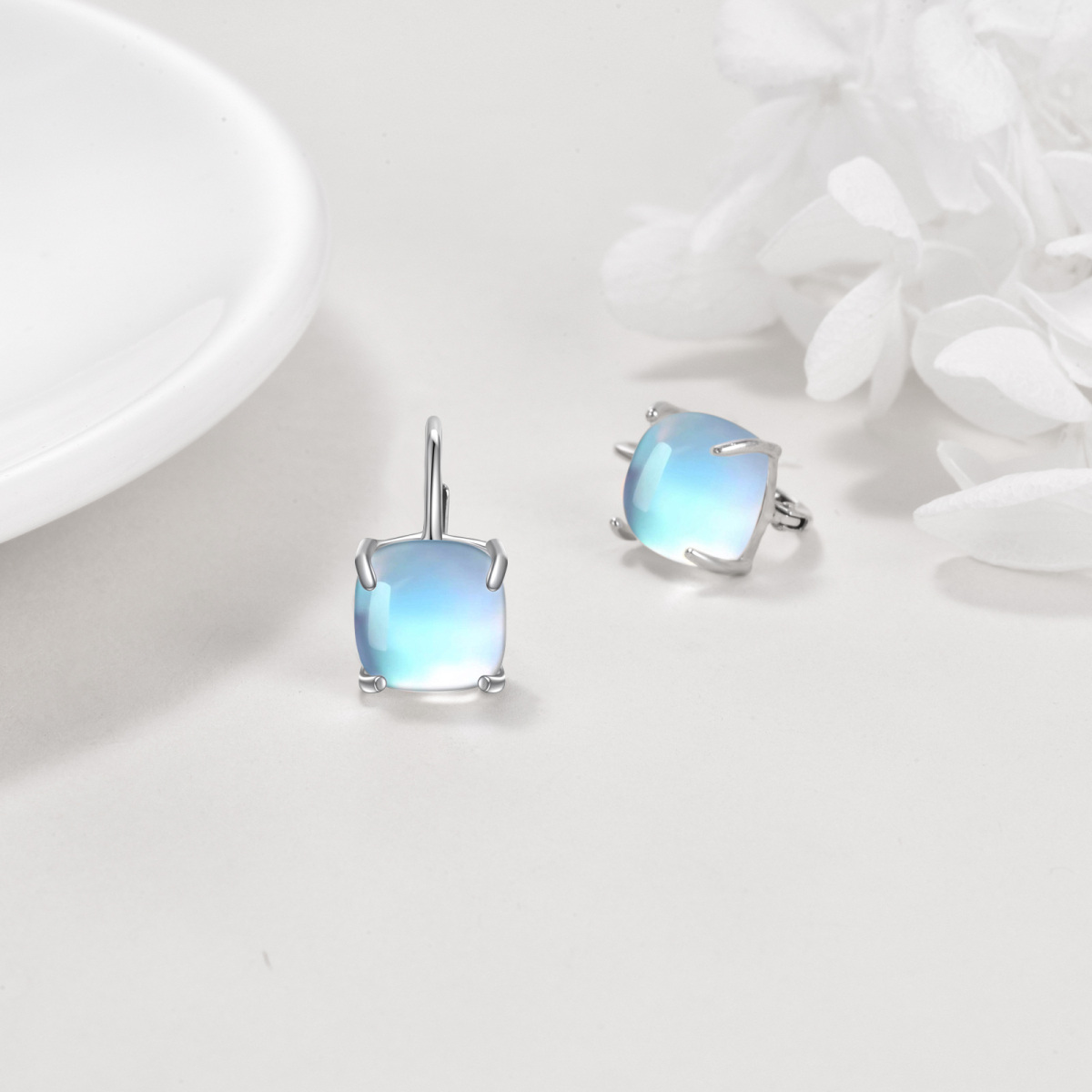 Sterling Silver Moonstone Square Lever-back Earrings-5