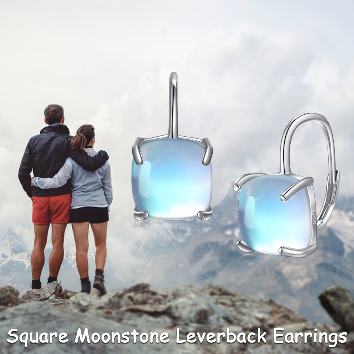 Sterling Silver Moonstone Square Lever-back Earrings-7