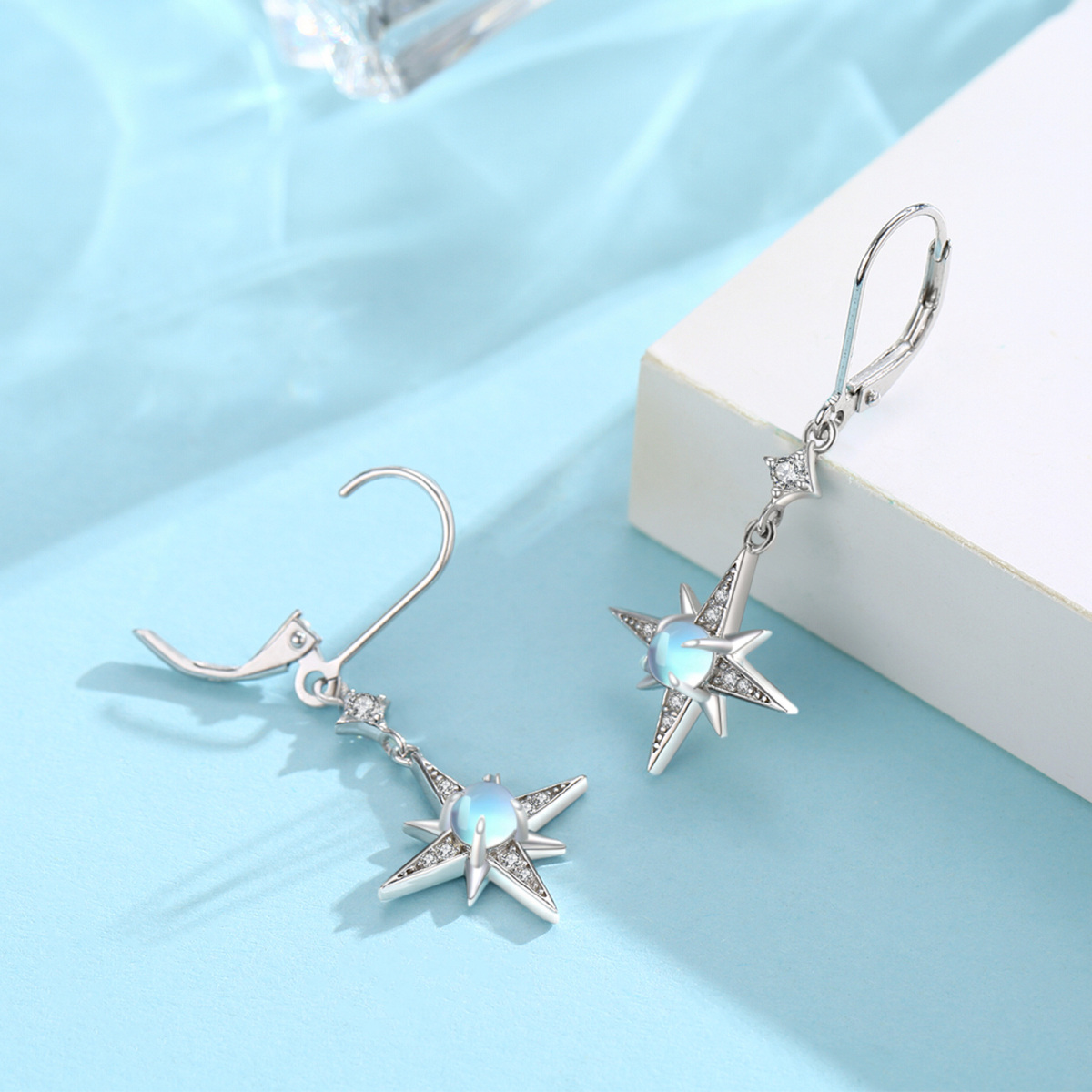 Sterling Silver Moonstone Star Lever-back Earrings-5