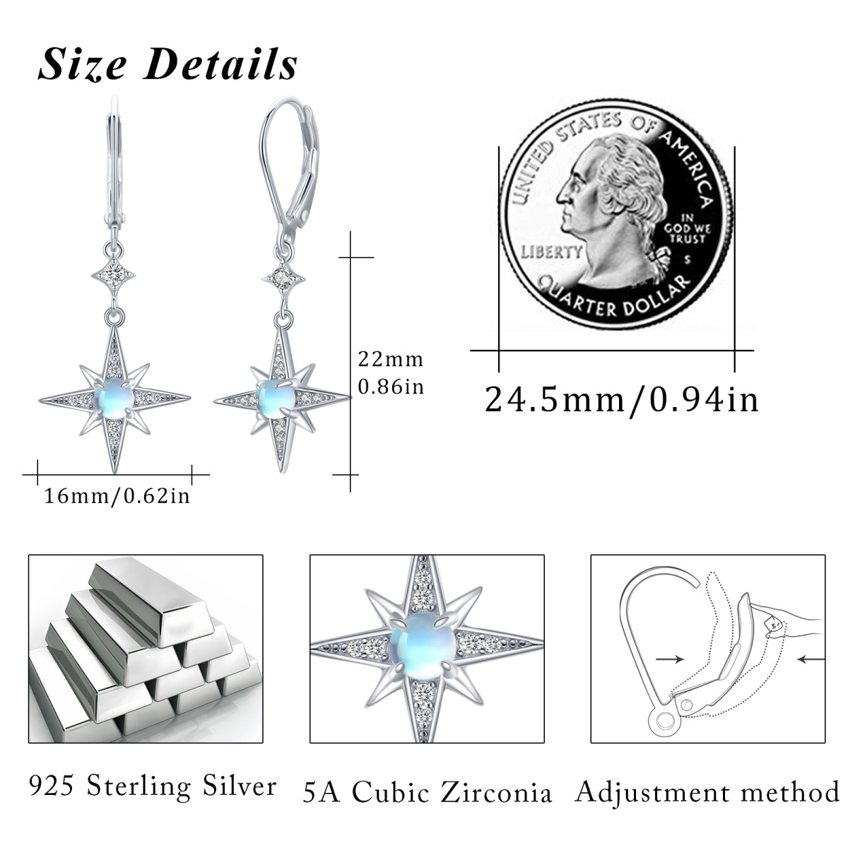 Boucles d'oreilles à levier en argent sterling avec étoile en pierre de lune-6