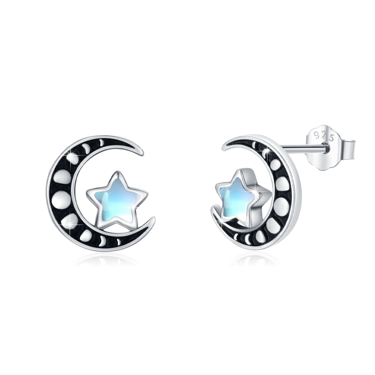 Sterling Silver Moonstone Moon & Star Stud Earrings For Women-1