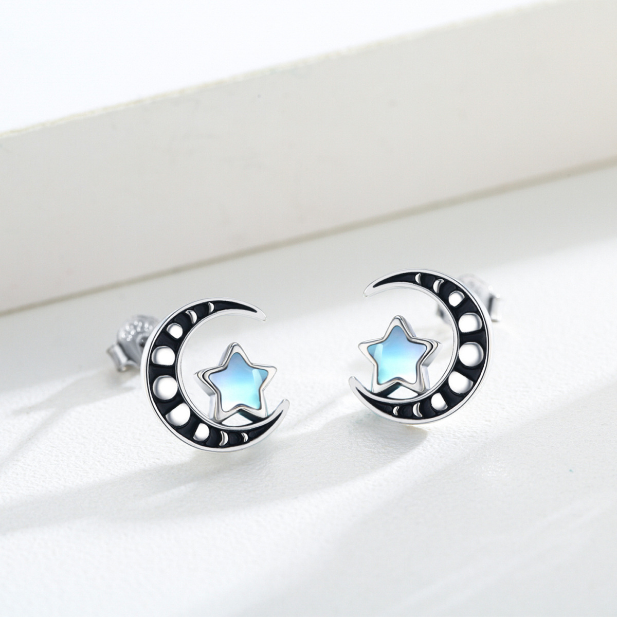 Sterling Silver Moonstone Moon & Star Stud Earrings For Women-4