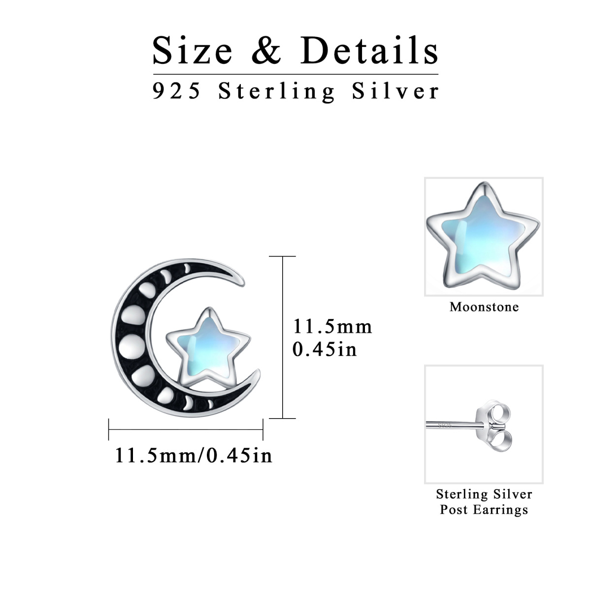 Sterling Silver Moonstone Moon & Star Stud Earrings For Women-5