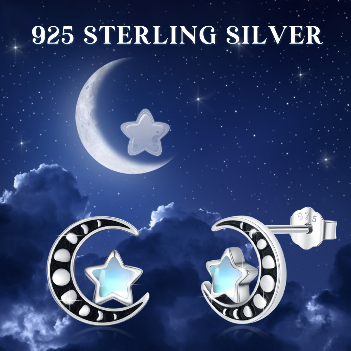 Sterling Silver Moonstone Moon & Star Stud Earrings For Women-6